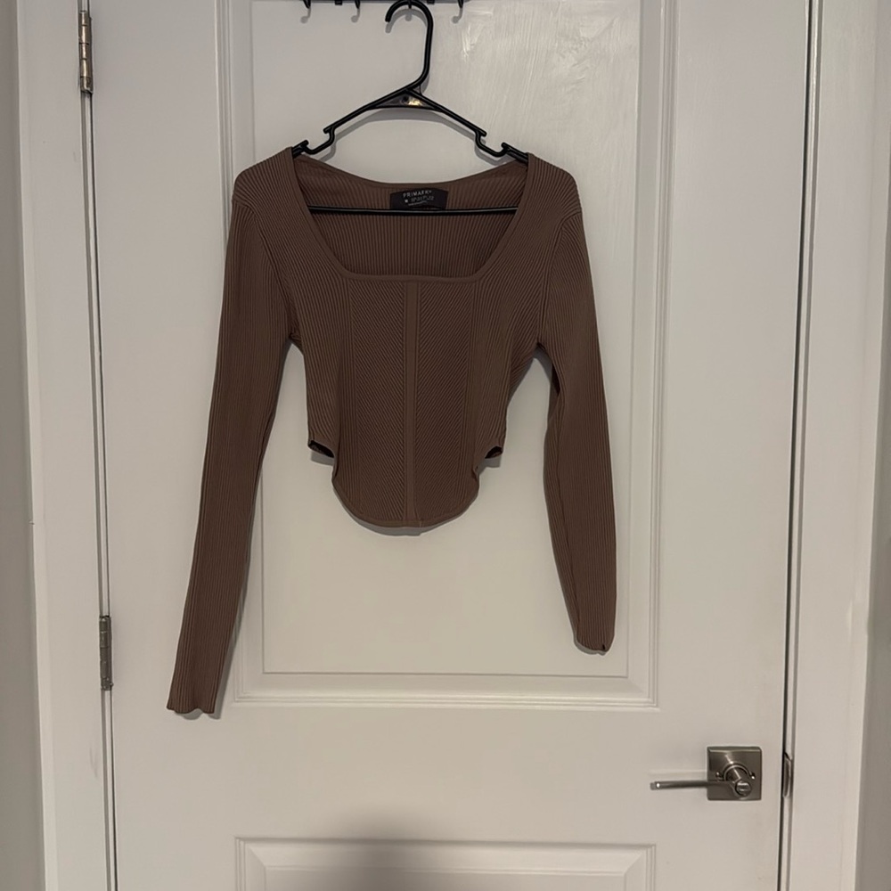 Brown Ribbed Long-Sleeve Corset Top – Size Medium